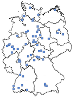 Krankenhaus-Sentinel zu schweren akuten respiratorischen Infektionen (SARI): Deutschlandkarte mit den Standorten der teilnehmenden Krankenhäuser. Quelle: RKI